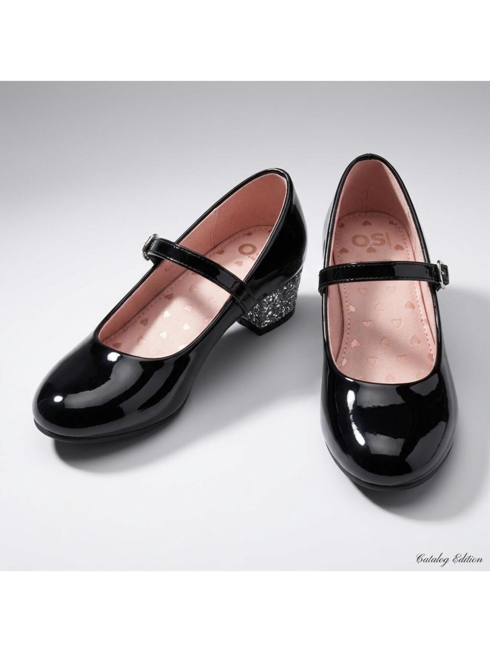 Girls' Black Patent Dress Shoes Glitter Block Heel Size 2